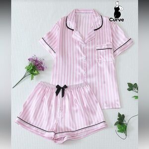 New - satin pink and white striped short pajamas set size 3xl